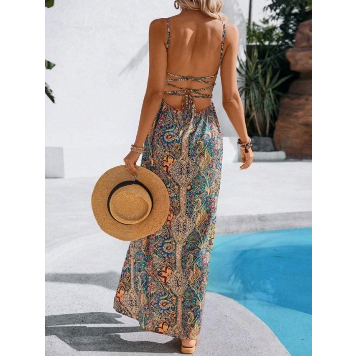 Kadın Ip Askılı Arkadan çapraz Kesim Detaylı Uzun Desenli Süprem Elbise