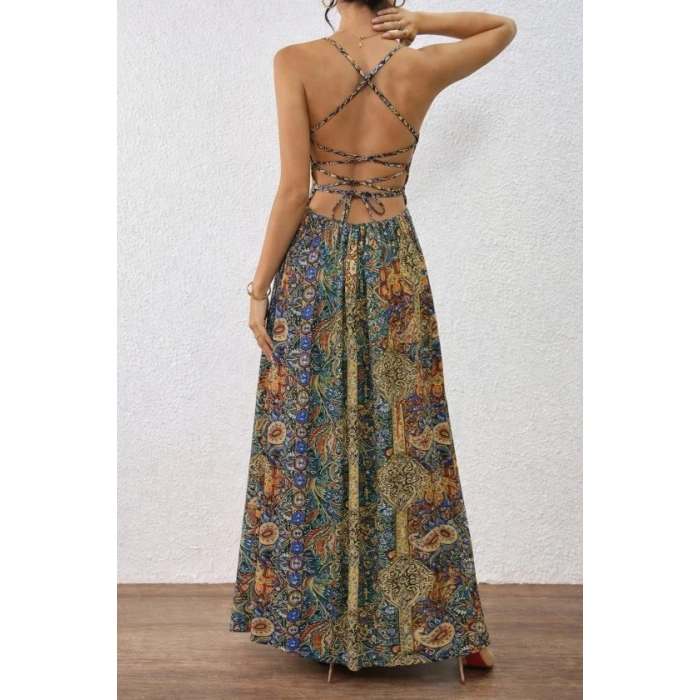 Kadın Ip Askılı Arkadan çapraz Kesim Detaylı Uzun Desenli Süprem Elbise