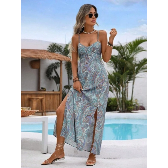 Kadın Ip Askılı Arkadan çapraz Kesim Detaylı Uzun Desenli Süprem Elbise