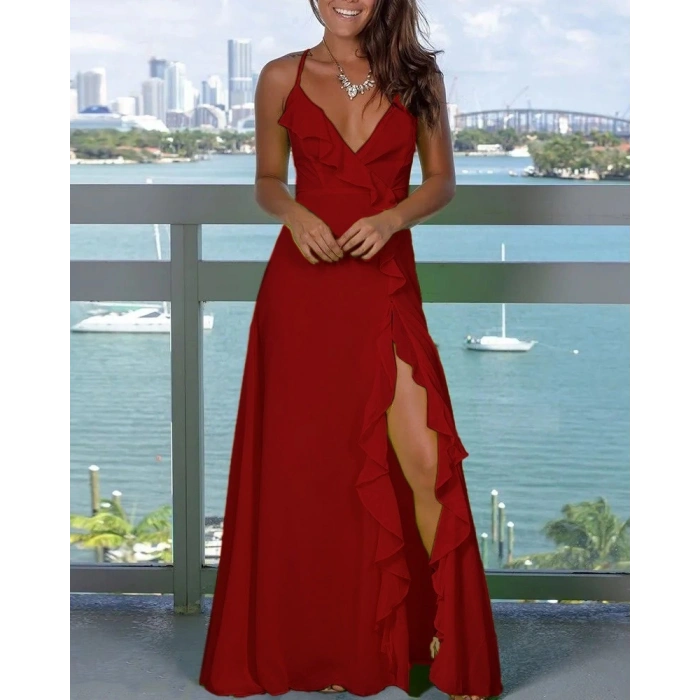 Kadın Ip Askılı Dekolteli Yırtmaç Detay Krep Elbise