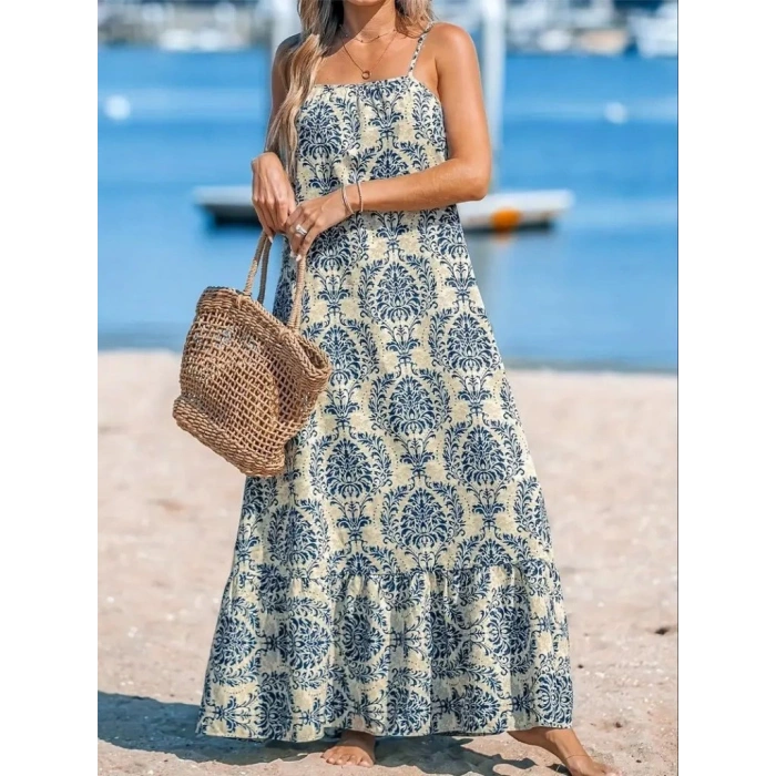 Kadın Ip Askılı Desenli Fırfırlı Süprem Elbise