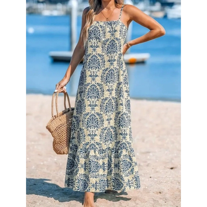 Kadın Ip Askılı Desenli Fırfırlı Süprem Elbise