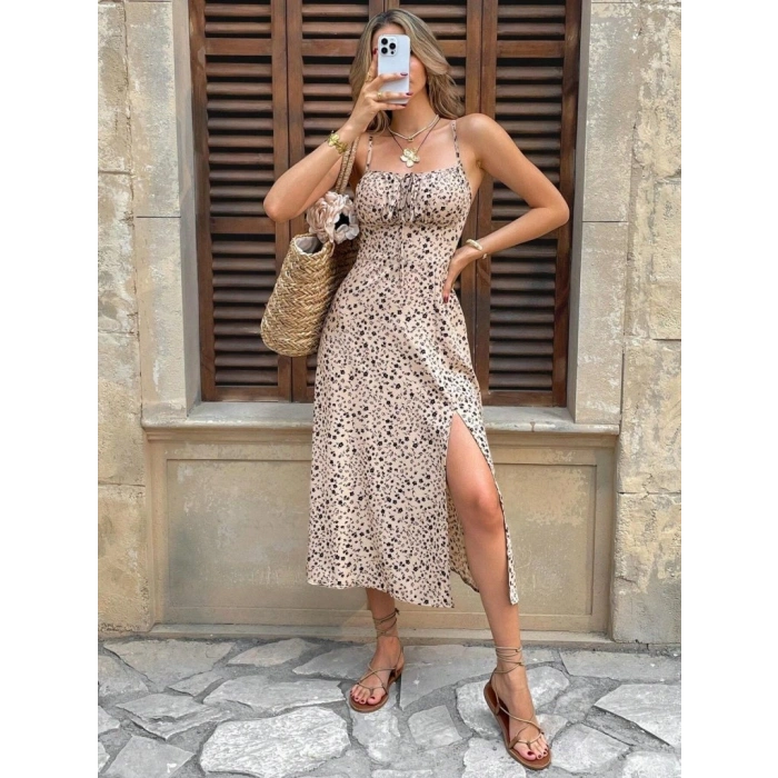 Kadın Ip Askılı Desenli Yırtmaçlı Süprem Midi Elbise