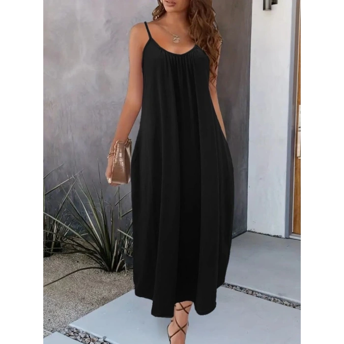 Kadın Ip Askılı Geniş V Yakalı Viskon Elbise