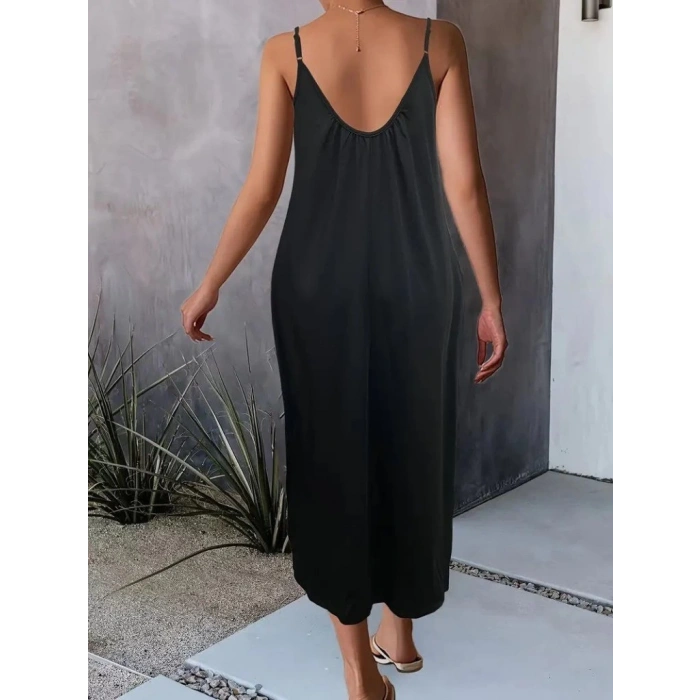 Kadın Ip Askılı Geniş V Yakalı Viskon Elbise