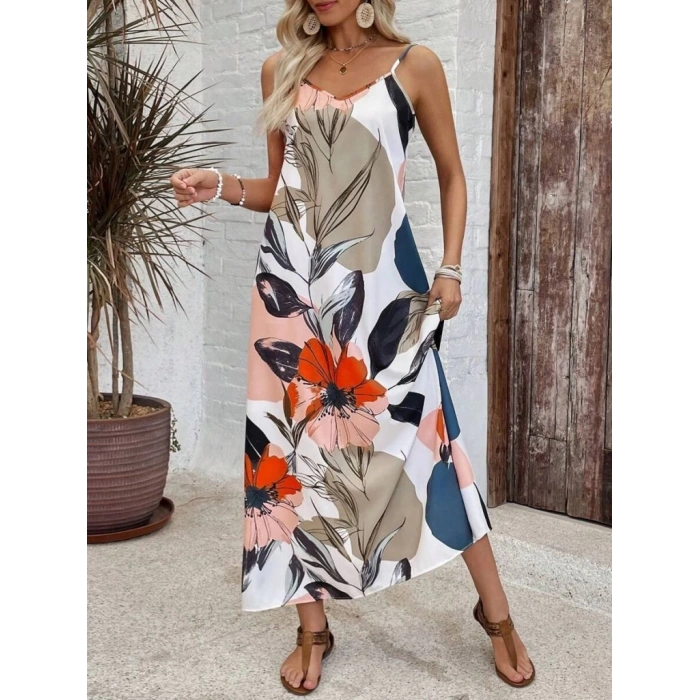 Kadın Ip Askılı Geniş V Yakalı Desenli Süprem Elbise