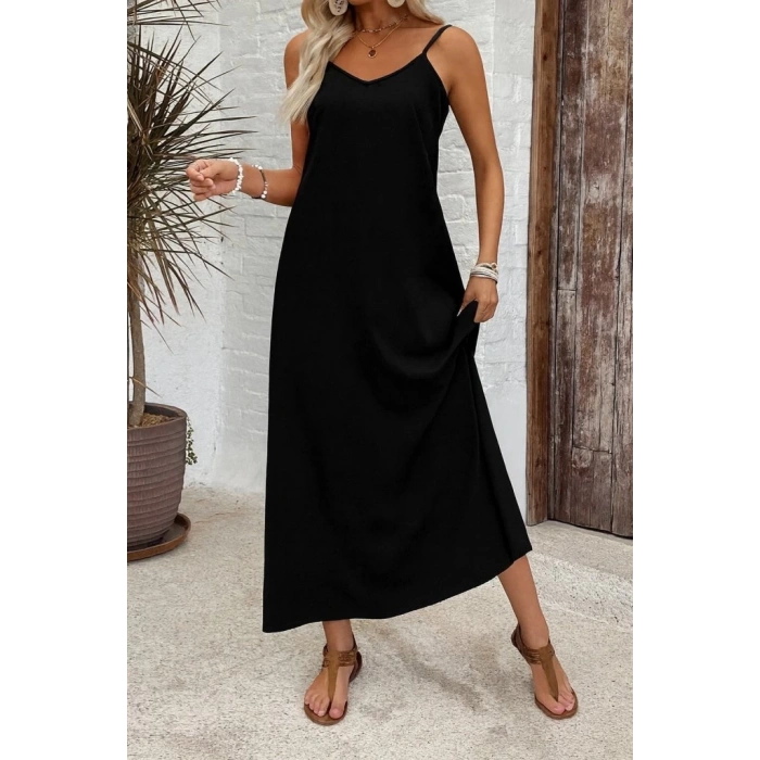 Kadın Ip Askılı Geniş V Yakalı Desenli Süprem Elbise