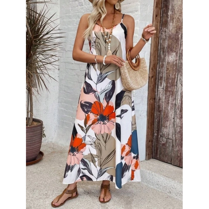 Kadın Ip Askılı Geniş V Yakalı Desenli Süprem Elbise