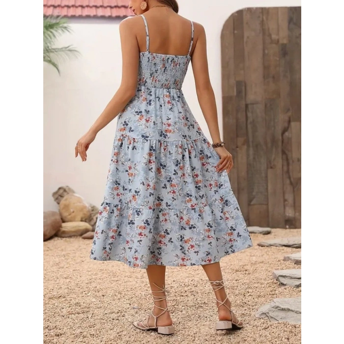 Kadın Ip Askılı Geniş V Yakalı Desenli Uzun Süprem Elbise