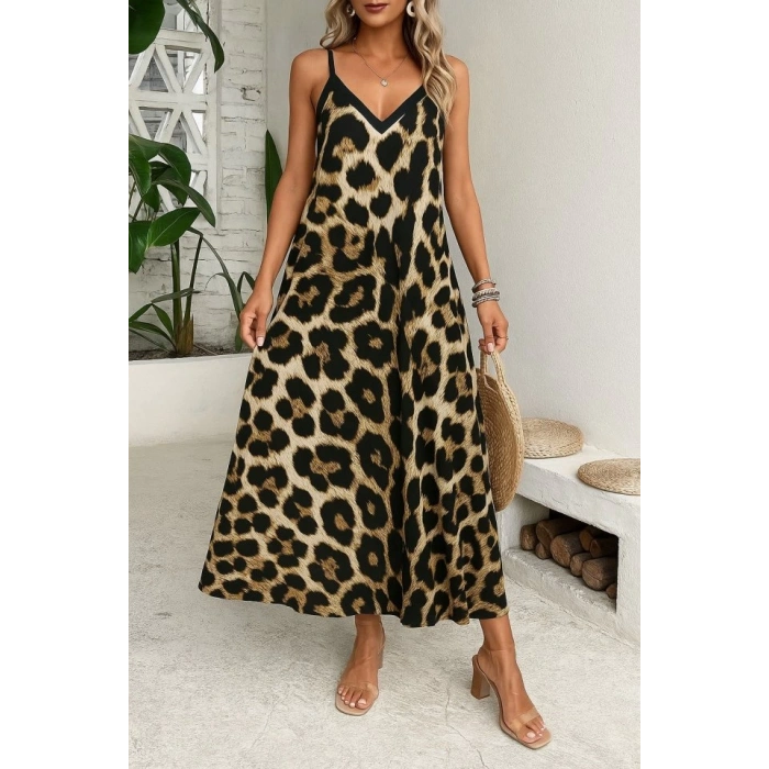 Kadın Ip Askılı Geniş V Yakalı Leopar Desenli Süprem Elbise