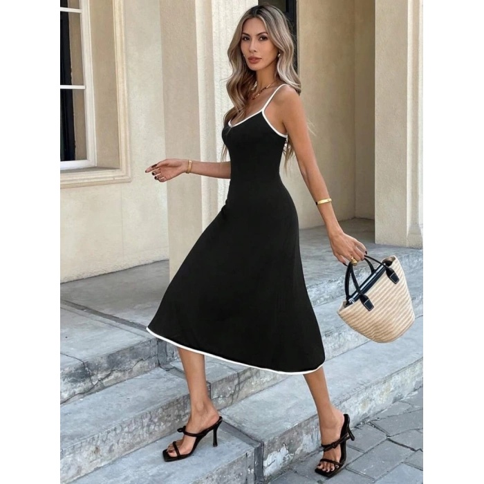 Kadın Ip Askılı Geniş V Yakalı Midi Janjan Krep Elbise