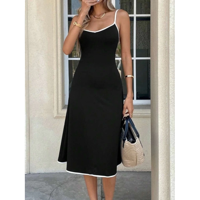 Kadın Ip Askılı Geniş V Yakalı Midi Janjan Krep Elbise