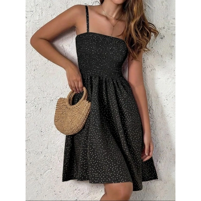 Kadın Ip Askılı Gipeli Desenli Kısa Süprem Elbise