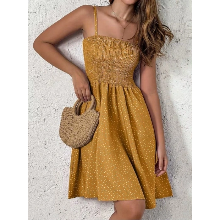 Kadın Ip Askılı Gipeli Desenli Kısa Süprem Elbise