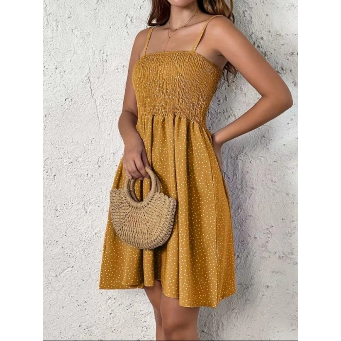 Kadın Ip Askılı Gipeli Desenli Kısa Süprem Elbise