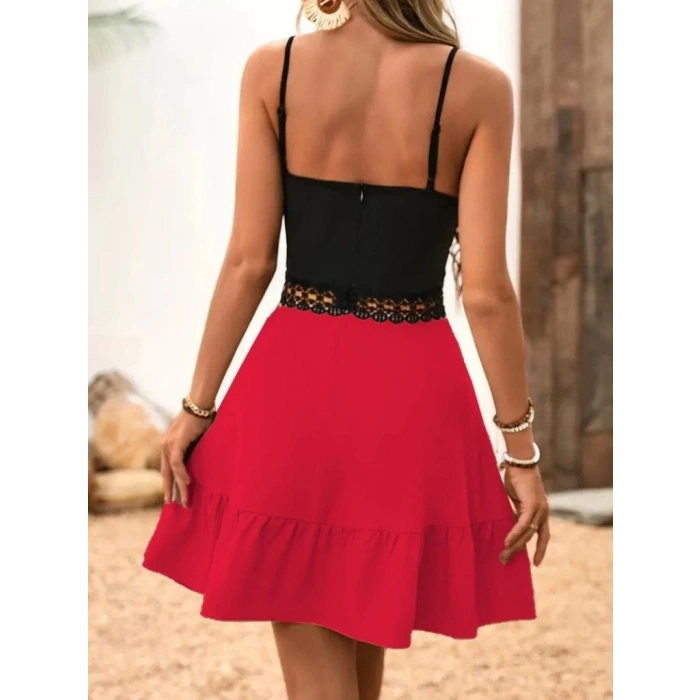 Kadın Ip Askılı Kruvaze Yaka Bel Dantel Ithal Krep Elbise