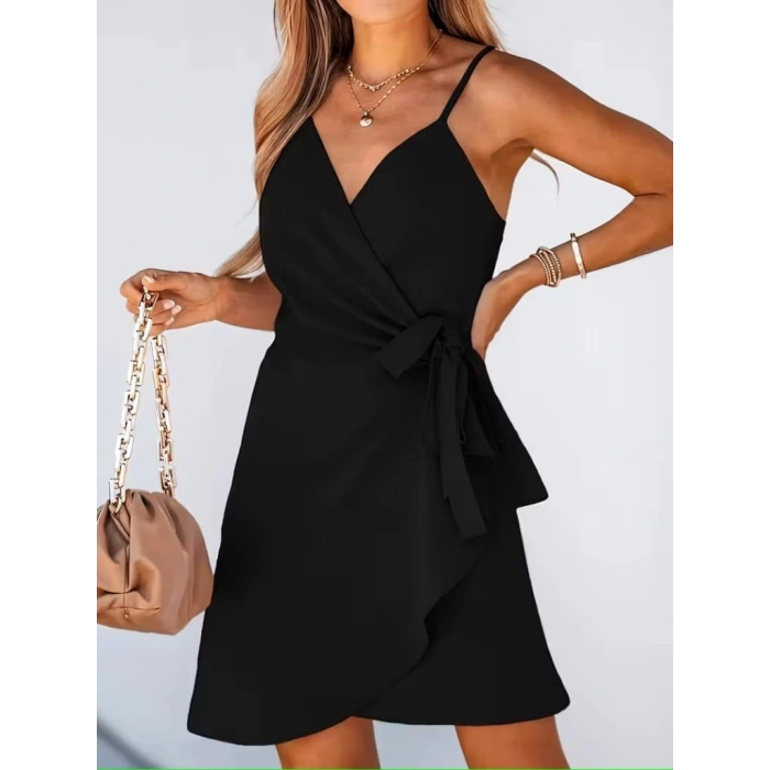 Kadın Ip Askılı Kruvaze Yakalı Belden Kuşaklı Kısa Janjan Krep Elbise