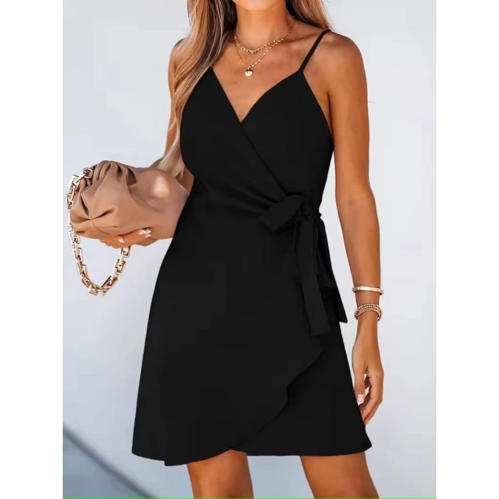 Kadın Ip Askılı Kruvaze Yakalı Belden Kuşaklı Kısa Janjan Krep Elbise