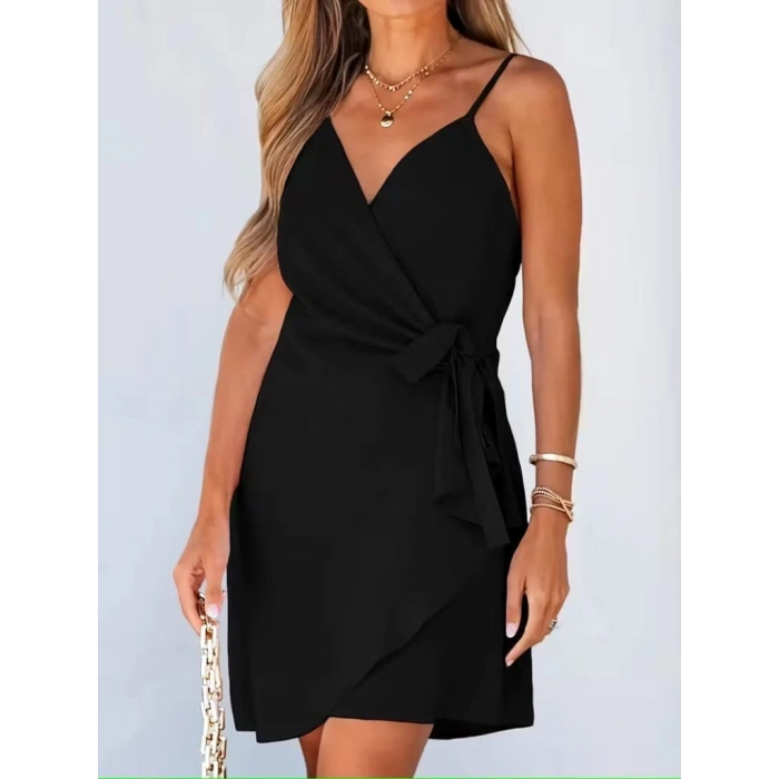 Kadın Ip Askılı Kruvaze Yakalı Belden Kuşaklı Kısa Janjan Krep Elbise