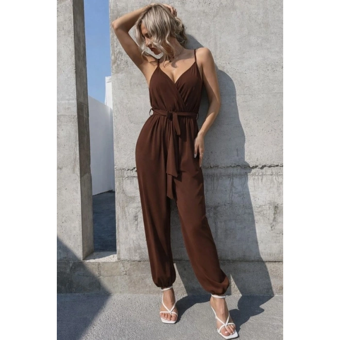 Kadın Ip Askılı Kruvaze Yakalı Belden Kuşaklı Uzun Sandy Tulum