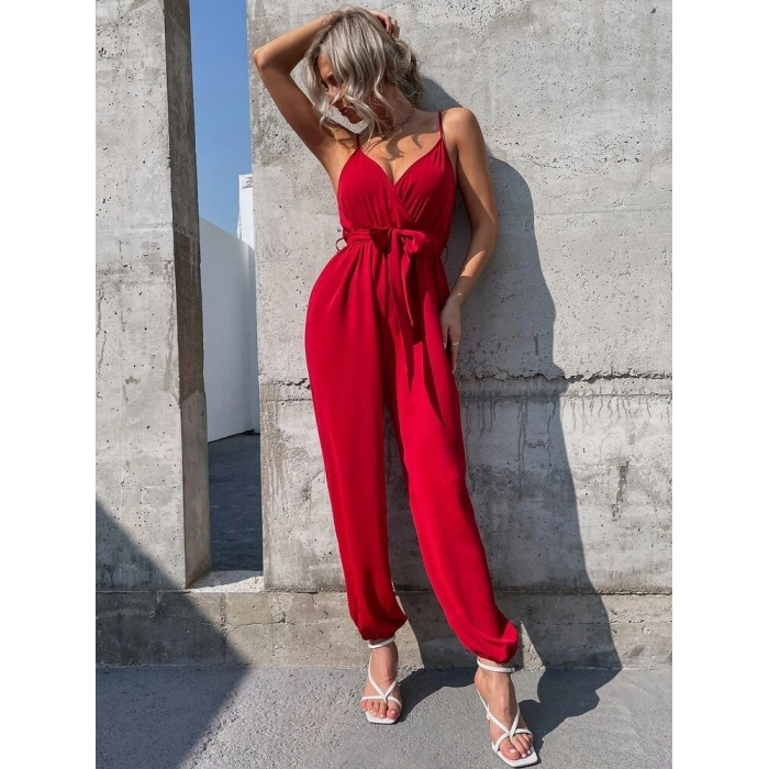 Kadın Ip Askılı Kruvaze Yakalı Belden Kuşaklı Uzun Sandy Tulum