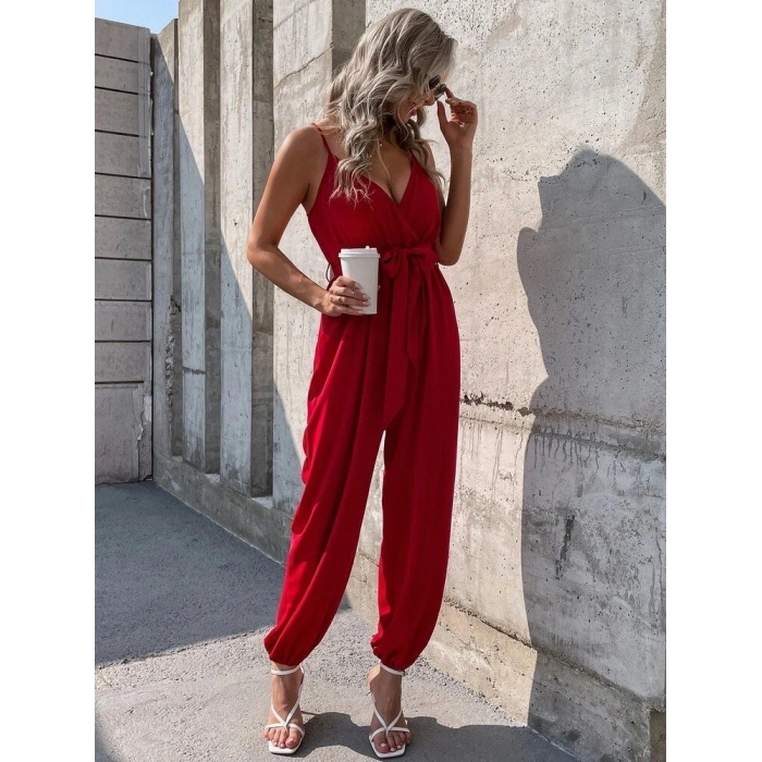 Kadın Ip Askılı Kruvaze Yakalı Belden Kuşaklı Uzun Sandy Tulum