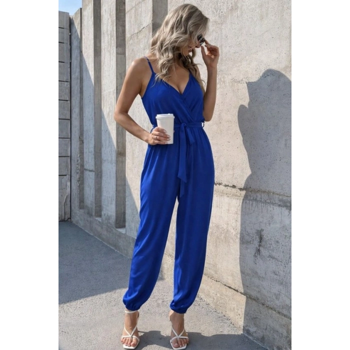 Kadın Ip Askılı Kruvaze Yakalı Belden Kuşaklı Uzun Sandy Tulum