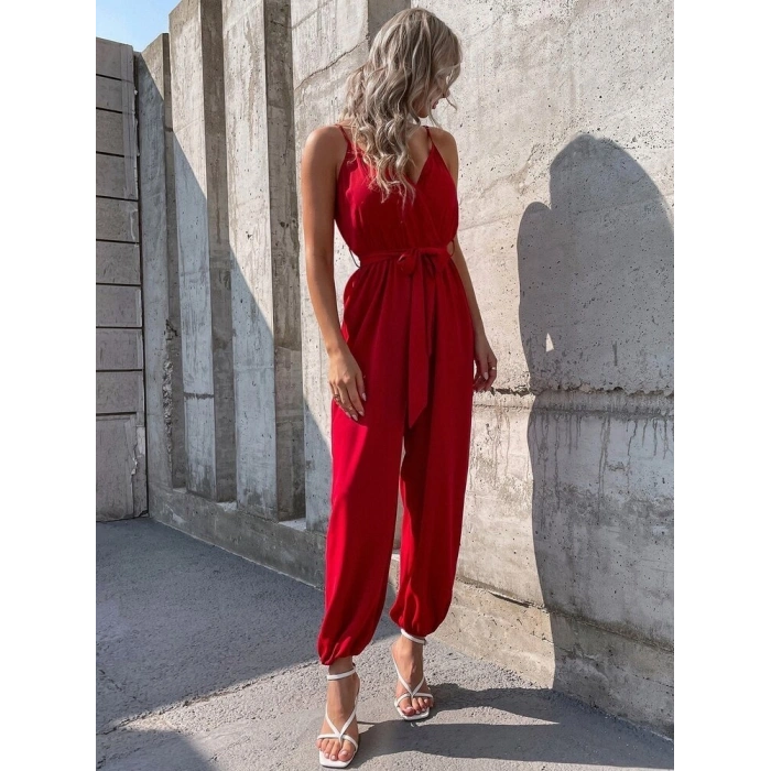 Kadın Ip Askılı Kruvaze Yakalı Belden Kuşaklı Uzun Sandy Tulum