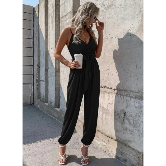 Kadın Ip Askılı Kruvaze Yakalı Belden Kuşaklı Uzun Sandy Tulum