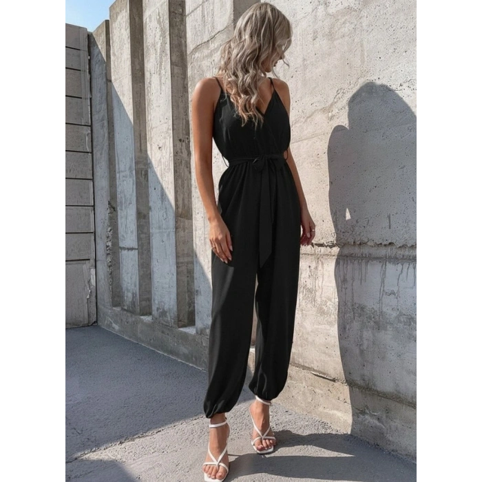 Kadın Ip Askılı Kruvaze Yakalı Belden Kuşaklı Uzun Sandy Tulum