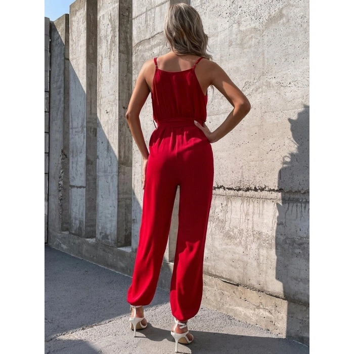 Kadın Ip Askılı Kruvaze Yakalı Belden Kuşaklı Uzun Sandy Tulum