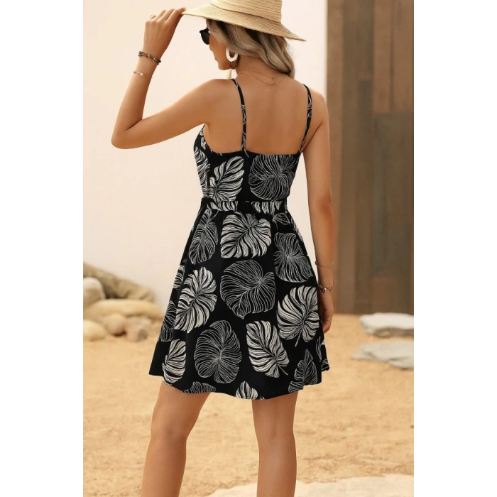 Kadın Ip Askılı Kruvaze Yakalı Beli Lastikli Kısa Desenli Süprem Elbise