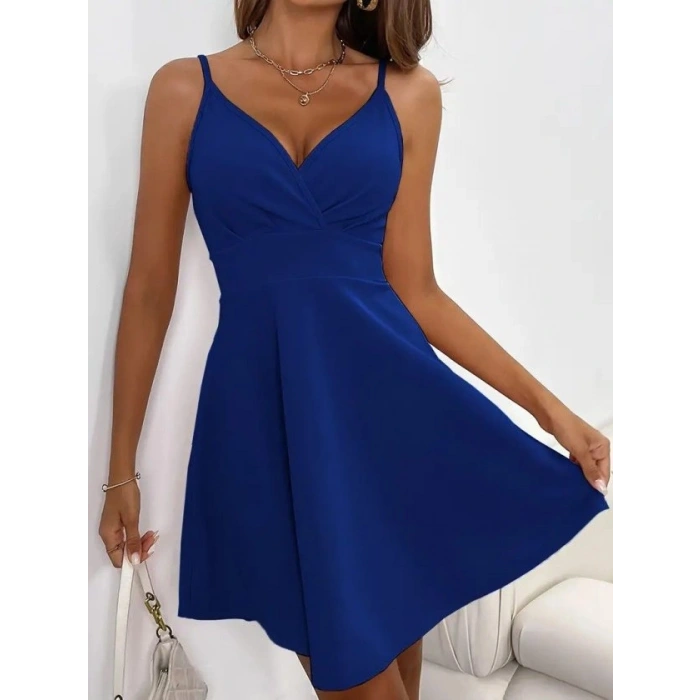 Kadın Ip Askılı Kruvaze Yakalı Kısa ıthal Krep Elbise