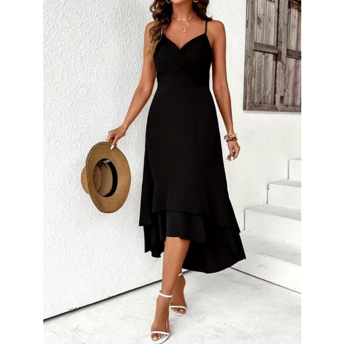 Kadın Ip Askılı Kruvaze Yakalı Sırttan Bağcıklı önü Volanlı Midi Janjan Krep Elbise