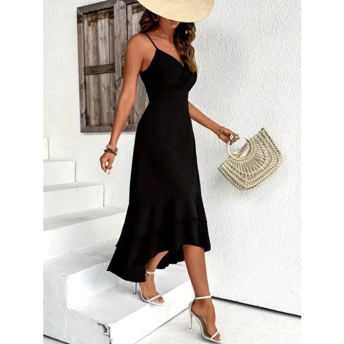 Kadın Ip Askılı Kruvaze Yakalı Sırttan Bağcıklı önü Volanlı Midi Janjan Krep Elbise