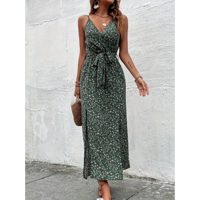 Kadın Ip Askılı Kruvaze Yakalı Yırtmaçlı Uzun Desenli Kuşaklı Süprem Elbise