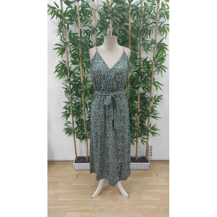 Kadın Ip Askılı Kruvaze Yakalı Yırtmaçlı Uzun Desenli Kuşaklı Süprem Elbise