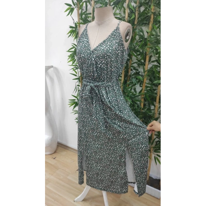 Kadın Ip Askılı Kruvaze Yakalı Yırtmaçlı Uzun Desenli Kuşaklı Süprem Elbise