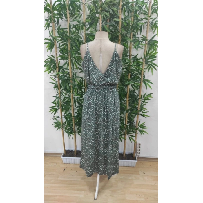 Kadın Ip Askılı Kruvaze Yakalı Yırtmaçlı Uzun Desenli Kuşaklı Süprem Elbise