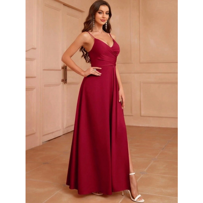 Kadın Ip Askılı Kruvaze Yakalı Yırtmaçlı Uzun Ithal Krep Elbise