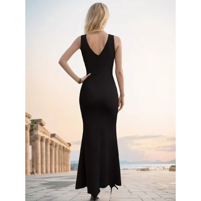 Kadın Ip Askılı Kruvaze Yakalı Yırtmaçlı Uzun Ithal Krep Elbise