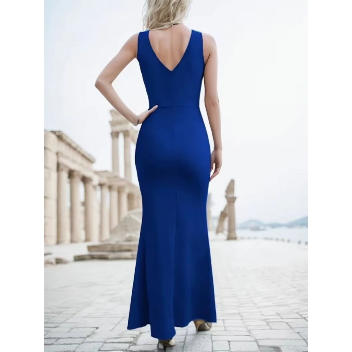 Kadın Ip Askılı Kruvaze Yakalı Yırtmaçlı Uzun Ithal Krep Elbise