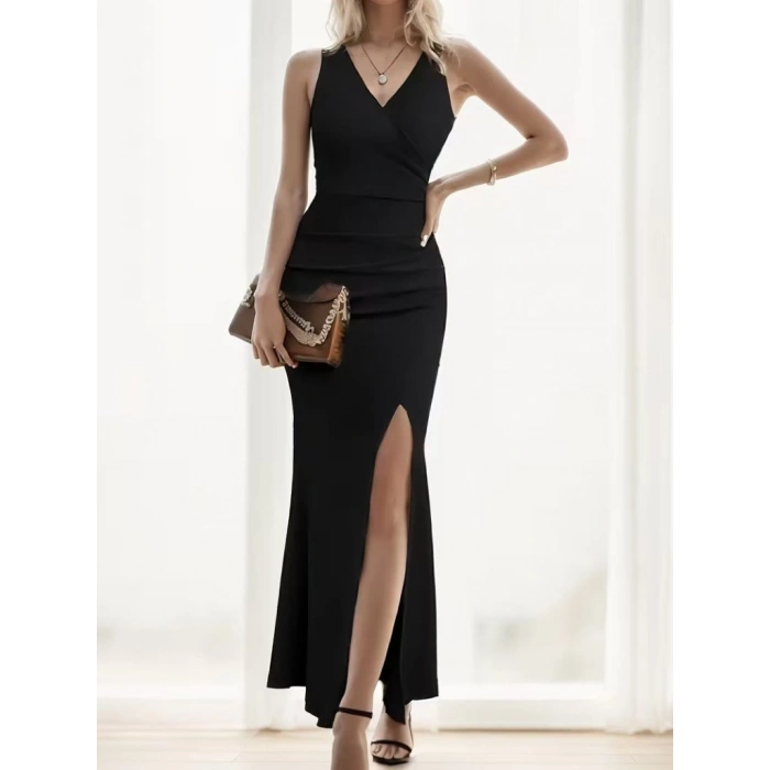 Kadın Ip Askılı Kruvaze Yakalı Yırtmaçlı Uzun Ithal Krep Elbise