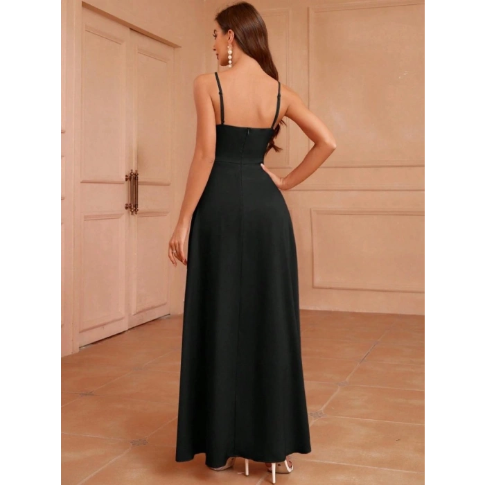 Kadın Ip Askılı Kruvaze Yakalı Yırtmaçlı Uzun Ithal Krep Elbise