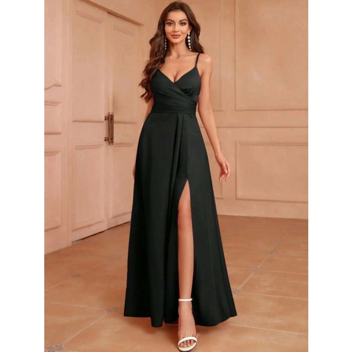 Kadın Ip Askılı Kruvaze Yakalı Yırtmaçlı Uzun Ithal Krep Elbise