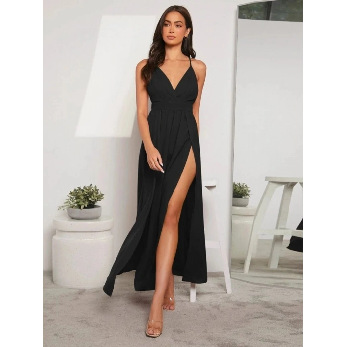 Kadın Ip Askılı Kruvazeli Yırtmaç Detaylı Yerli Krep Uzun Elbise