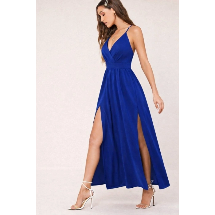 Kadın Ip Askılı Kruvazeli Yırtmaç Detaylı Yerli Krep Uzun Elbise