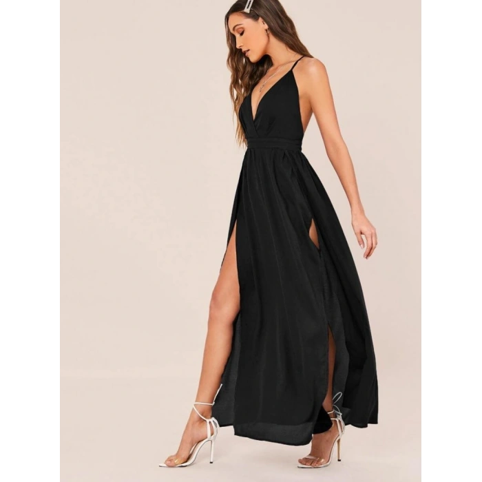 Kadın Ip Askılı Kruvazeli Yırtmaç Detaylı Yerli Krep Uzun Elbise