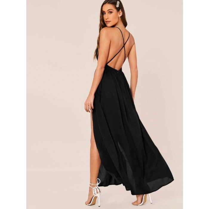 Kadın Ip Askılı Kruvazeli Yırtmaç Detaylı Yerli Krep Uzun Elbise