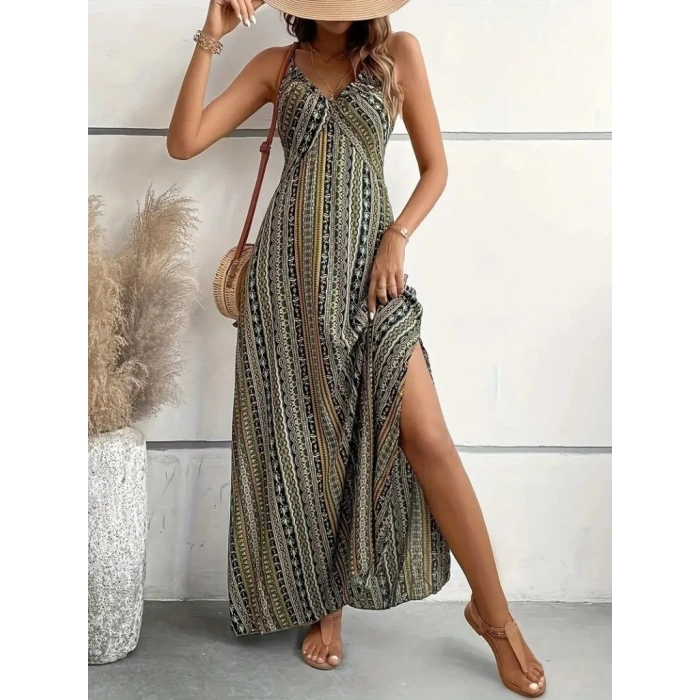 Kadın Ip Askılı Sırttan çapraz Detaylı Yırtmaçlı Desenli Süprem Elbise